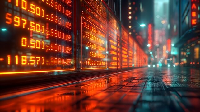 A city street with a row of electronic stock tickers on the side of the road. The lights are on and the street is wet - Powered by Adobe