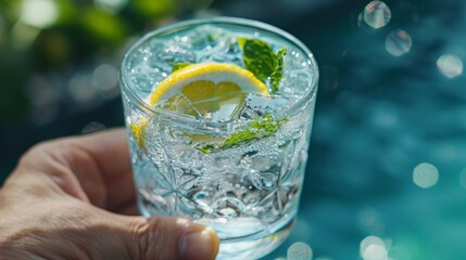 A closeup image of someones hand holding a cup of ice water with a lemon wedge and mint leaves floating on top.