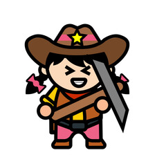 
cowboy girl carrying an axe