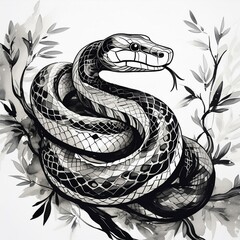 Fototapeta premium 2025年 年賀状用 蛇イラスト 水墨画風