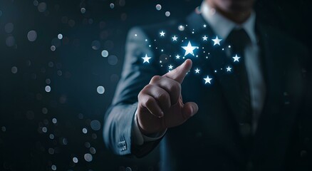 5 stars customer satisfaction with business man touching virtual screen on dark background, digital technology concept of business quality service 