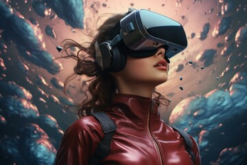 A young woman in a vr headset is immersed in a vivid digital world, with dynamic elements suggesting motion and adventure