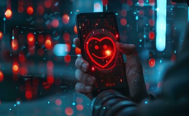A man holding his smartphone with a red scary face icon and binary code on the screen, depicting an online security concept in a closeup view with a digital identity style and futuristic background