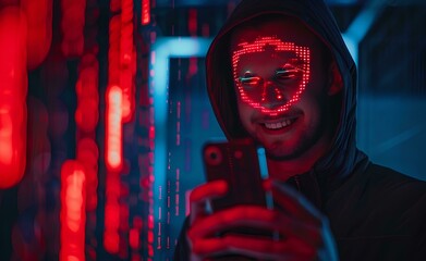 A man holding his smartphone with a red scary face icon and binary code on the screen, depicting an online security concept in a closeup view with a digital identity style and futuristic background