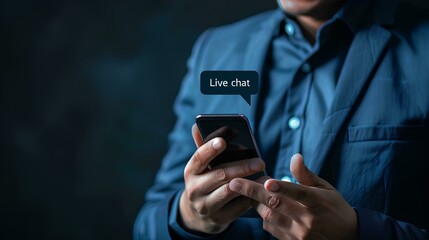 Businessman using a smartphone and wearing a blue suit holds a chat bubble with the text "LiveChat" on a dark background, representing a technology concept for customer service support or a hotline