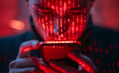 A man holding his smartphone with a red scary face icon and binary code on the screen, depicting an online security concept in a closeup view with a digital identity style and futuristic background