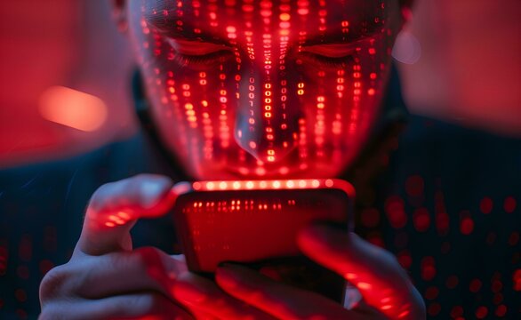 A man holding his smartphone with a red scary face icon and binary code on the screen, depicting an online security concept in a closeup view with a digital identity style and futuristic background - Powered by Adobe