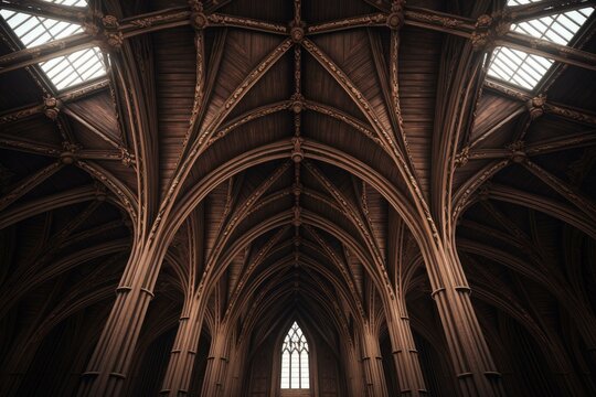 Intricate wooden arched ceiling of a gothic cathedral with elegant designs