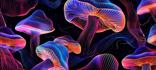 Obraz premium Neon glowing mushrooms in a dark environment. Concept of psychedelic art, nature fantasy, vibrant luminescence. Abstract background