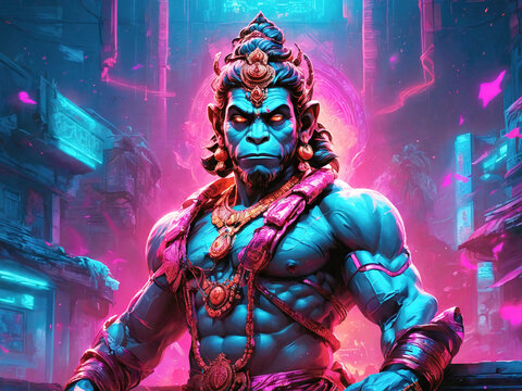 Hanuman Ji: Synthwave Cyberpunk Art with a Futuristic Twist