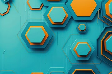 Blue background with orange and blue geometric shapes, featuring an abstract design for technology  ar 3:2 Job ID: fa41037b-6e8b-4a63-a057-41c4eba2d21a
