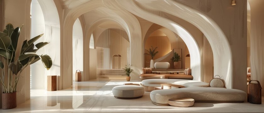 luxury hotel lobby with a minimal interior design featuring arches and soft curved shapes ideal for creating a sophisticated atmosphere