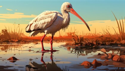Fototapeta premium Ibis probing mud with its beak flat design front view marsh theme animation Complementary Color Scheme