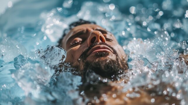 A person taking a deep breath and embracing the chill of an ice bath practicing mindfulness and promoting mental wellbeing.