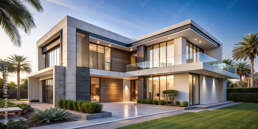 Sticker Modern exterior Dubai house with sleek architectural design and luxury finishes, Dubai, house, modern, exterior