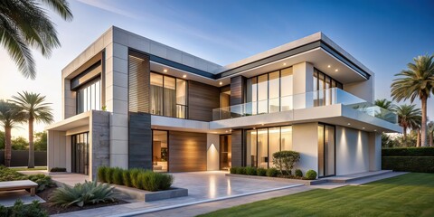 Fototapeta premium Modern exterior Dubai house with sleek architectural design and luxury finishes, Dubai, house, modern, exterior