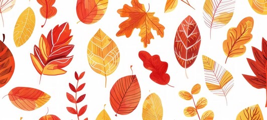 Autumn leaves pattern in warm colors, Concept of fall season, nature, art. Abstract autumn background. Banner. Copy space