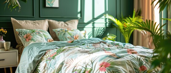 pastel bedding and tropical plants come together in this colorful botanical bedroom interior ideal for creating a vibrant and lively atmosphere