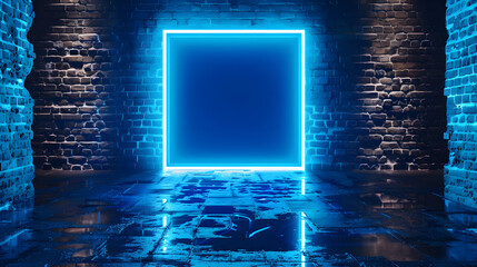 Dark room with a neon blue square frame, representing abstract minimalistic photography with space for text or product.