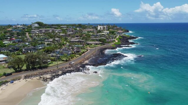 4K drone video of the island of Hawaii over the beaches of Lihue, Kauai