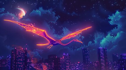 Obraz premium Neon illustration of a dinosaur Pteranodon soaring through a night sky over a cityscape. Concept of prehistoric creature, futuristic design, urban fantasy, and vibrant nightlife