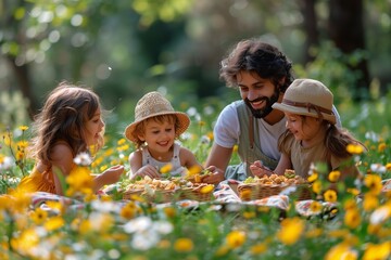Fototapeta premium Multicultural Families Enjoying Picnic in Sunny Park