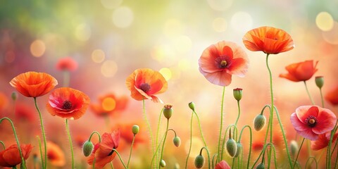 Fototapeta premium Small flower background with graceful poppies, poppies, flowers, background, red, delicate, petals, vibrant, blooming, nature