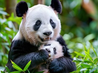 Obraz premium A cute panda bear cuddling its baby amidst lush green bamboo leaves, capturing a heartwarming moment in the wild.