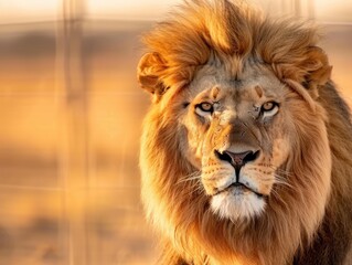 Naklejka premium A majestic lion with a golden mane stares confidently into the camera, set against a warm, blurred background.
