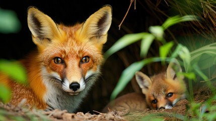 Fototapeta premium A mother fox and her cub resting together in their natural habitat, surrounded by lush greenery.