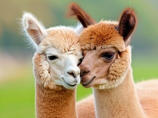 Obraz premium Adorable close-up of two affectionate alpacas nuzzling each other in a green field, showcasing their soft fur and gentle expressions.
