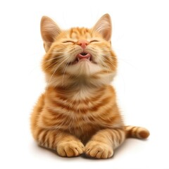 Obraz premium Adorable orange kitten with eyes closed, tongue out, and content expression, isolated on white background.
