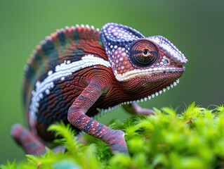 Obraz premium Close-up of a colorful chameleon on green foliage, showcasing its vibrant colors and intricate patterns against a natural background.