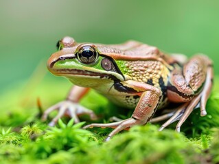 Obraz premium Close-up of a colorful frog resting on vibrant green moss, showcasing its detailed texture and natural habitat in high resolution.