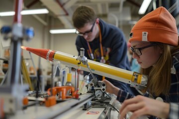 Female Student Examining Model Rocket Engine