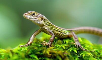 Naklejka premium Close-up of a colorful striped lizard on a moss-covered surface with a natural green blurred background.