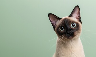 Close-up of a curious Siamese cat with striking blue eyes and a beige coat, sitting against a green background.