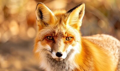 Fototapeta premium Close-up of a red fox in natural sunlight, showcasing its vibrant fur and attentive expression in a forest setting