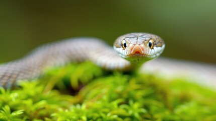 Fototapeta premium Close-up of a snake with an intense gaze, poised on vibrant green moss, showcasing its intricate scale patterns and natural habitat.