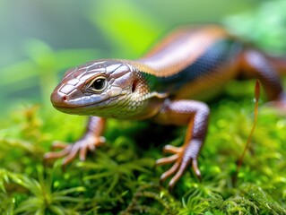 Obraz premium Close-up of a vibrant lizard on green moss with a blurred natural background, showcasing iridescent scales and intricate textures.