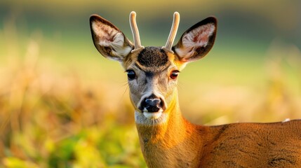 Close-up of a young deer with small antlers in a natural environment, surrounded by green foliage and a soft, blurred background.