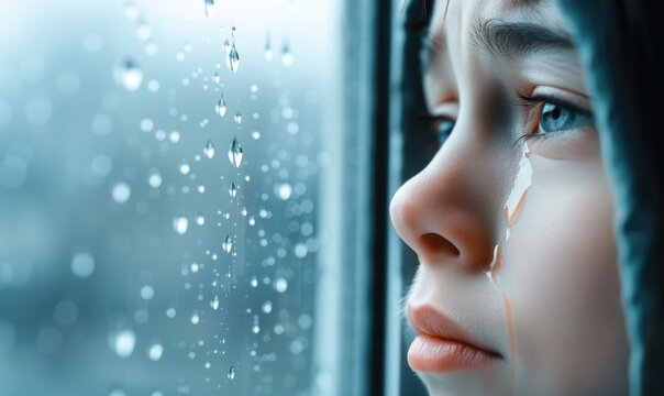 Close-up of a sad child looking through a rainy window, with tears on cheeks. Reflective and emotional moment captured in portrait.