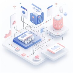 App Design with Floating Chart Boxes and Blue and Pink Accents