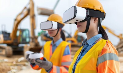 Construction workers using virtual reality technology on site for training and planning purposes, wearing safety gear and VR headsets.