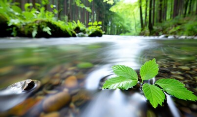 Fresh green leaves in focus with a gentle stream flowing in the forest background, depicting tranquility and nature's serenity.