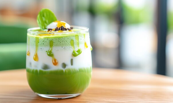 Delicious iced green tea matcha latte topped with cream and syrup in a clear glass on a wooden table in a bright, airy cafe.