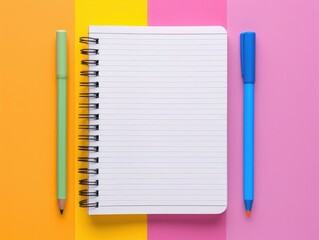 Open spiral notebook with lined pages between a green pencil and blue pen on a vibrant colorful background.