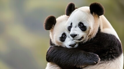 Two adorable pandas hugging each other, creating a heartwarming and cute moment in a natural setting.