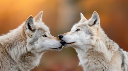 Obraz premium Two wolves touching noses in a heartfelt moment, surrounded by a warm autumn background.