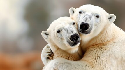 Fototapeta premium Two polar bears embrace in a heartwarming hug, displaying affection and a close bond in their natural habitat.